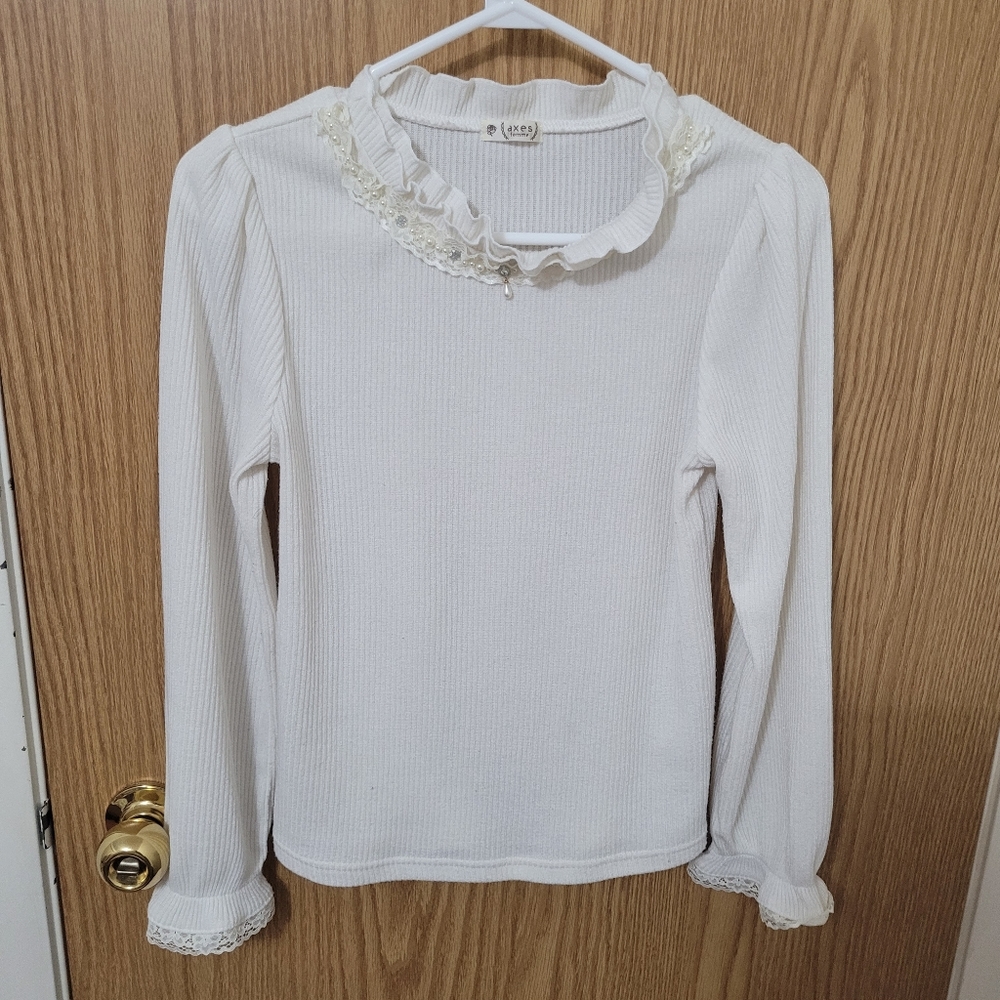 Axes Femme Ribbed Knit Top with Embellished Collar